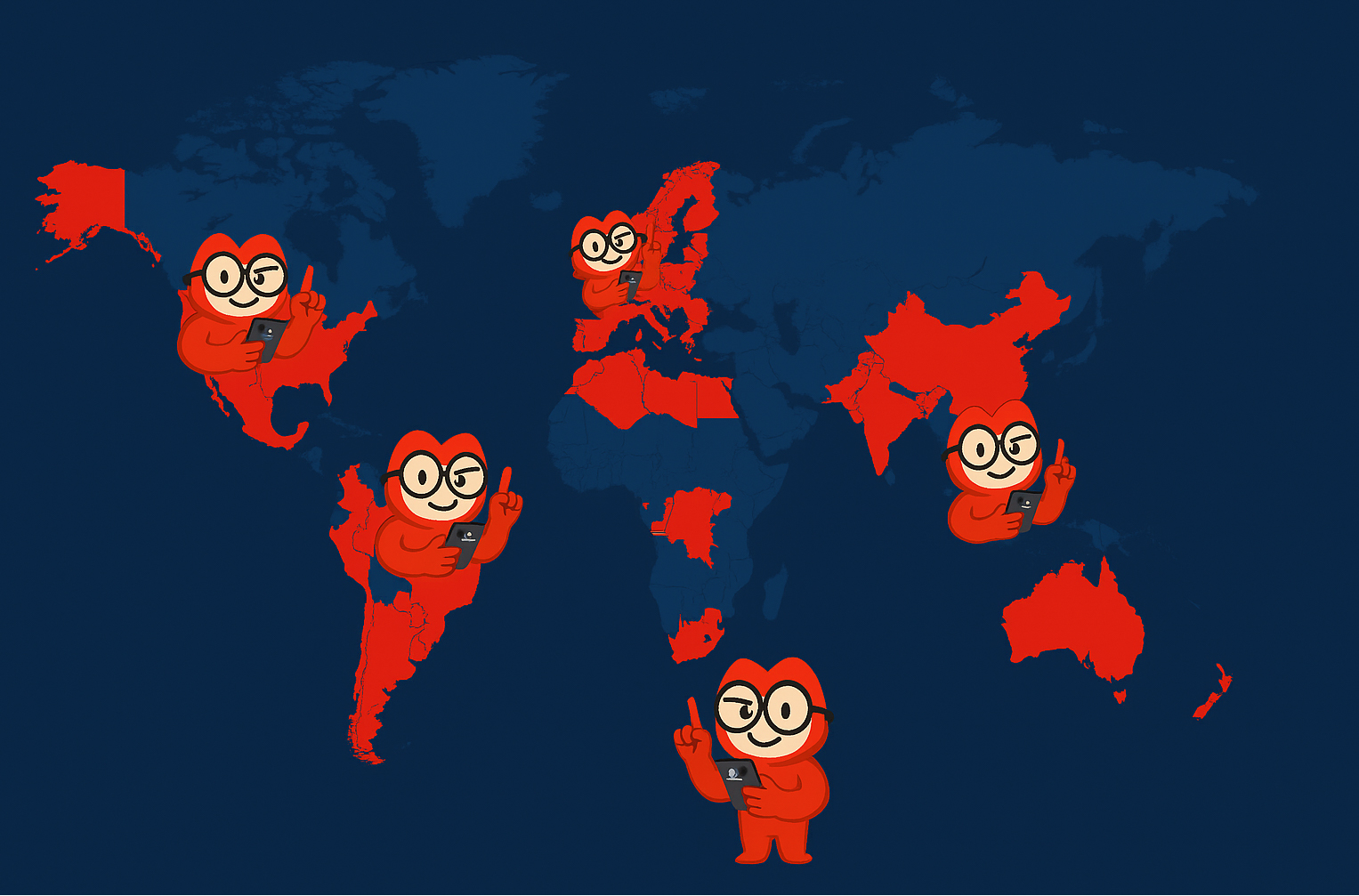 Mapa mundial con personaje de Maavir señalando presencia en Latinoamérica, Estados Unidos, Brasil, España, Portugal y Angola